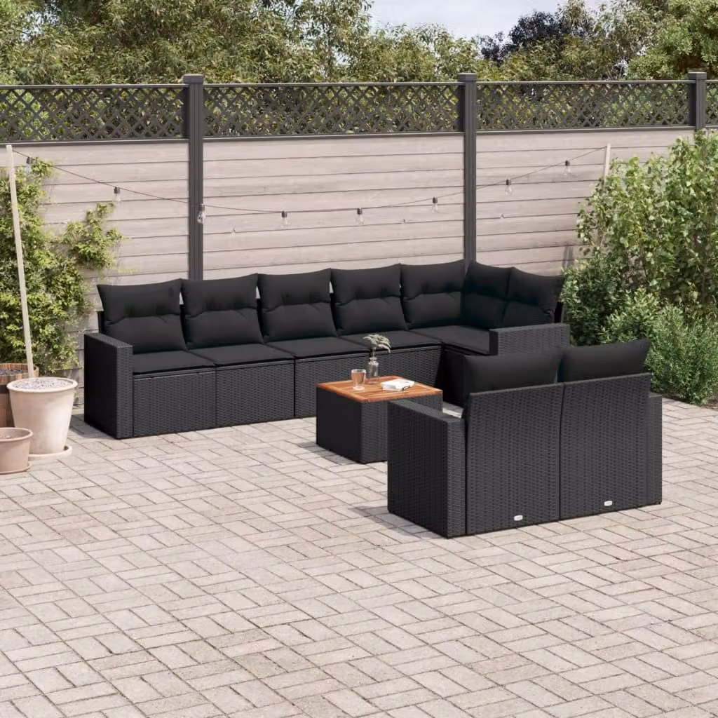 Set di divani da giardino vidaXL in polyrattan nero con cuscini e tavolino da esterno a forma di U – 1