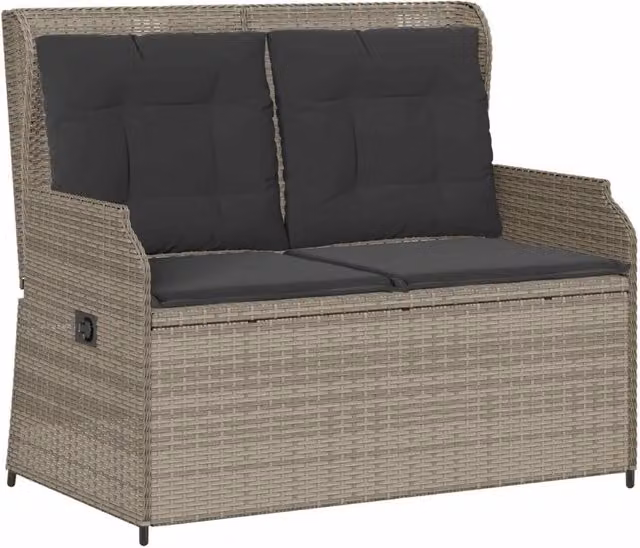 Panchina da giardino moderna in rattan e metallo con braccioli, colore grigio chiaro