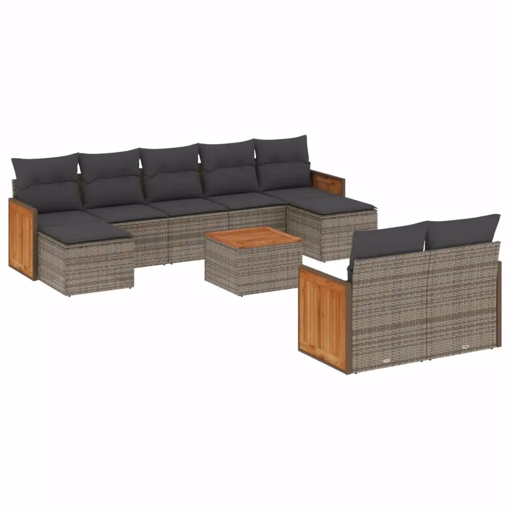 vidaXL Set Divano da Giardino 10 pz a forma di U in Polyrattan Grigio con Cuscini e Tavolino – 2