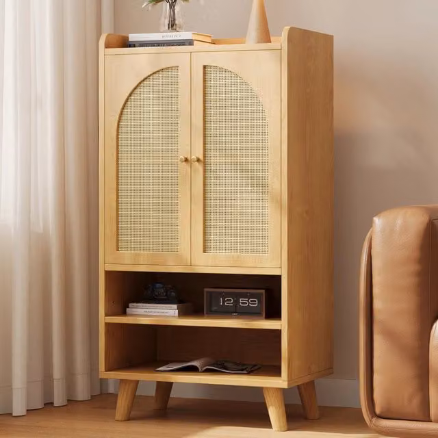 Madia Mivray con 2 ante in rattan e 2 vani aperti in truciolato naturale beige, L 60 cm, P 40 cm, H 121 cm