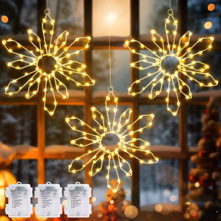 3 decorazioni a forma di fiocchi di neve a LED per finestre, con 80 LED bianco caldo, e timer
