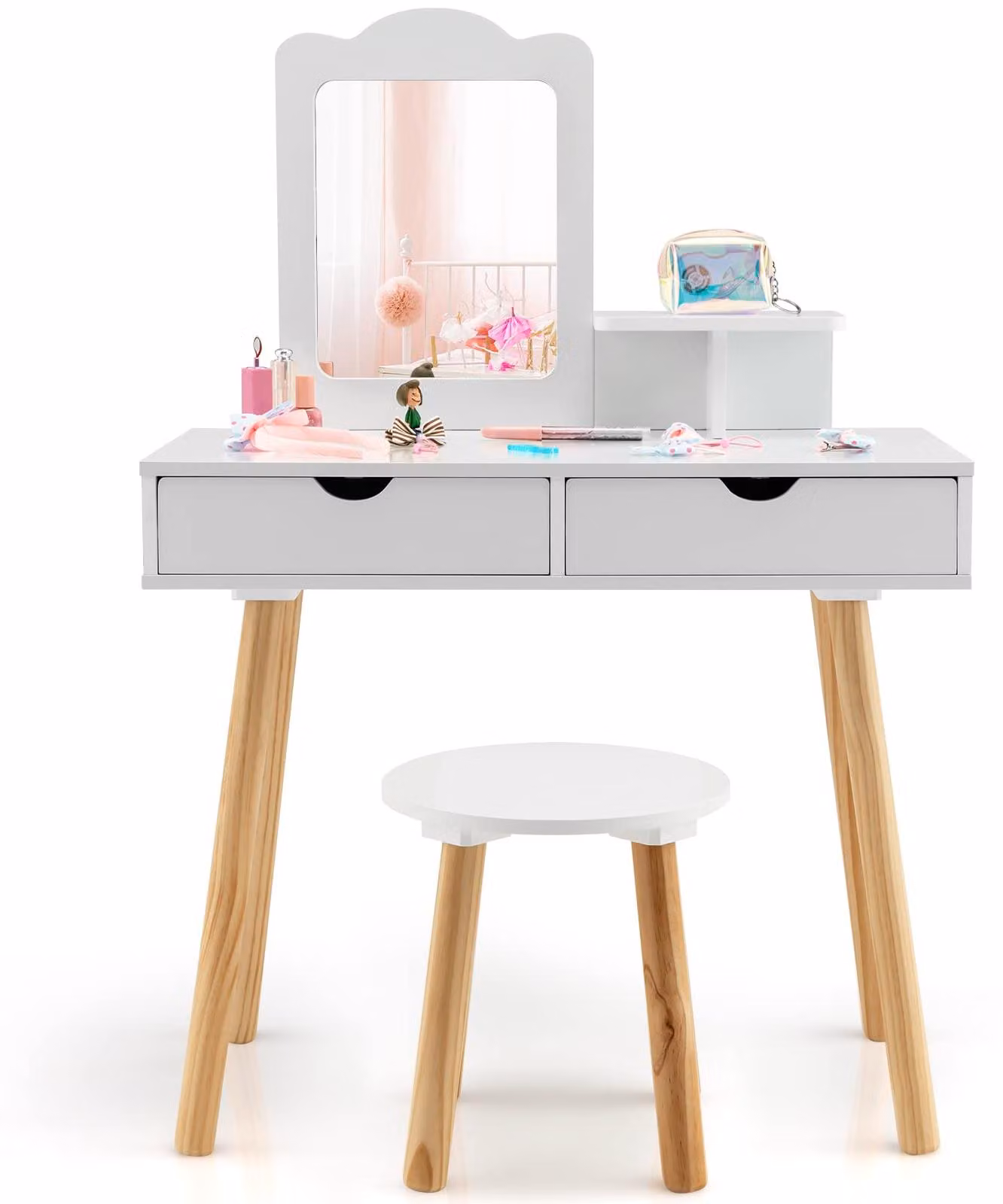 COSTWAY, set da trucco per bambini, tavolo 2 in 1 (scrivania e specchiera) con sgabello