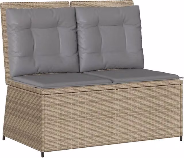 Panchina da Giardino Reclinabile in Polyrattan e Metallo con Cuscini in Tessuto Beige e Grigio