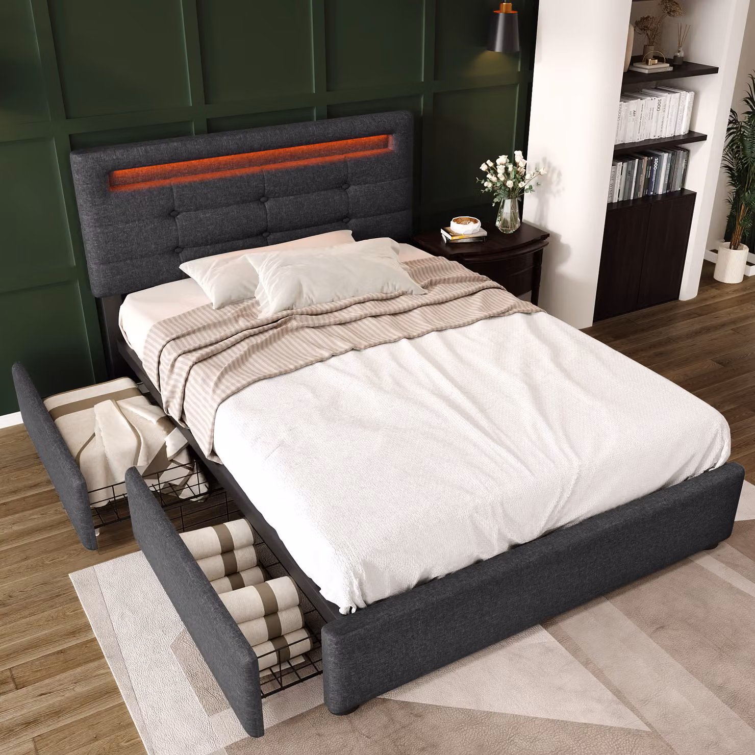 Letto imbottito MODFU 90 x 200 cm struttura letto singolo con illuminazione LED e 2 cassetti (senza materasso), grigio
