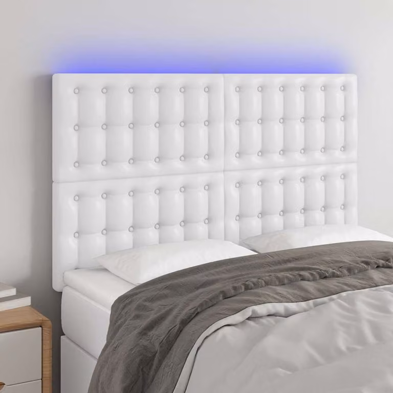Testiera per letto vidaXL in similpelle bianca con illuminazione LED e porta di ricarica USB, L: 144 cm, P: 5 cm, H: 118/128 cm