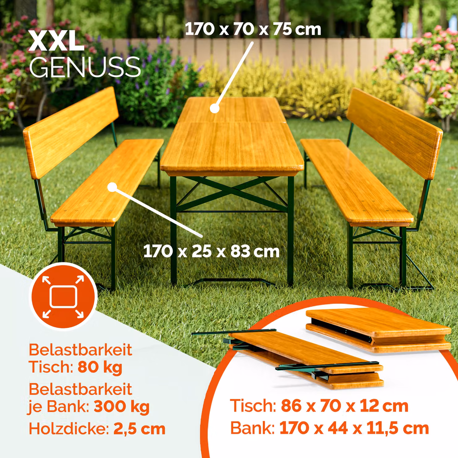 Set da birreria CASARIA con tavolo e panche pieghevoli in legno di abete e acciaio, colore marrone e verde, L/P/H: 170 x 70 x 76 cm – 2