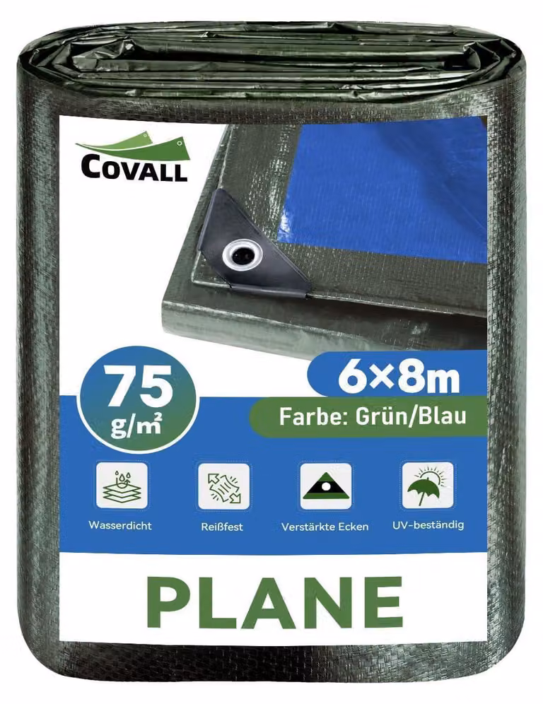 Telo protettivo 6 m x 8 m, 75 GSM, in HDPE con protezione UV e occhielli, resistente alle intemperie, colore blu/verde