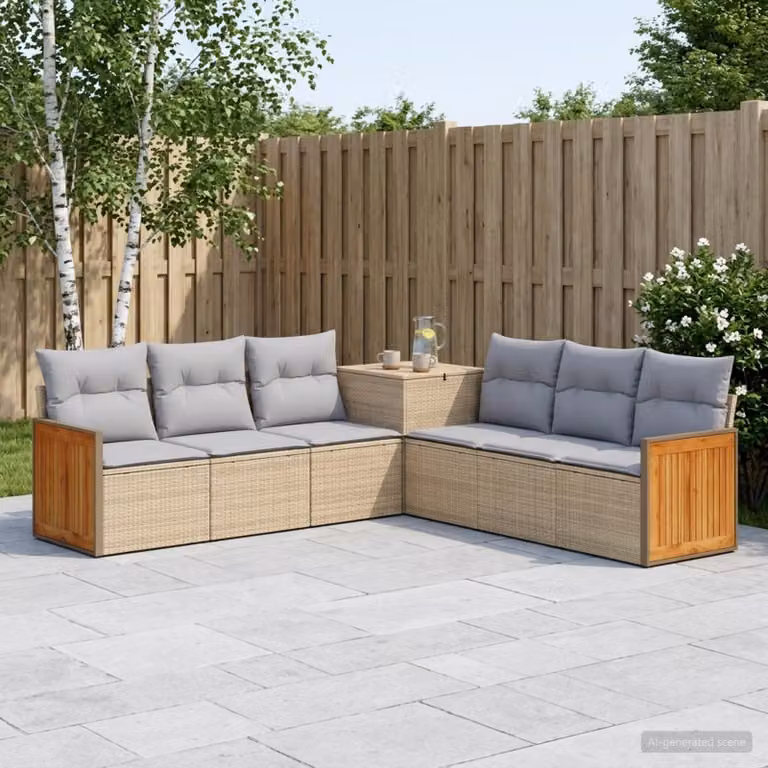 Set di divani da giardino vidaXL in polyrattan con struttura in metallo, 7 pezzi, beige e grigio