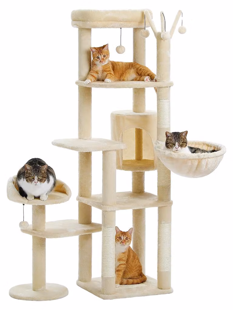 Katzenbaum, design multistrato, elementi interattivi, color beige, forma a L