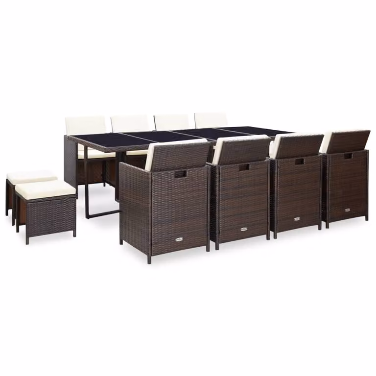 The Living Store Set da pranzo da giardino da 13 pezzi con cuscini in poly rattan marrone