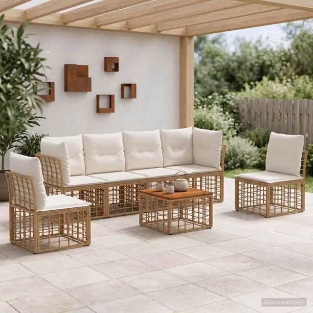 Set di divani da esterno 7 pz Naturale e Bianco Crema 3437432