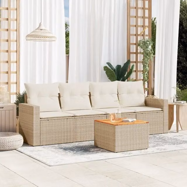 Set Divano da Giardino 5 Pezzi vidaXL in Polyrattan con Cuscini Beige e Tavolino da Caffè Moderno