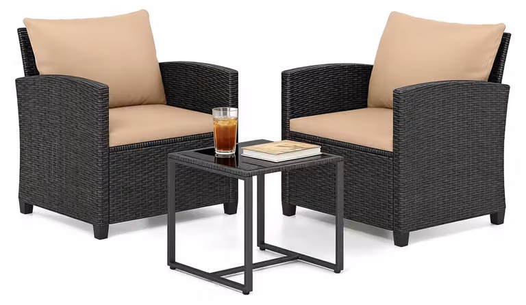 Set da giardino KOMFOTTEU, composto da 3 pezzi: set di mobili da balcone in rattan con 2 poltrone e un tavolino, set da giardino con sedute imbottite, set lounge per giardino, balcone o terrazza (nero e kaki)