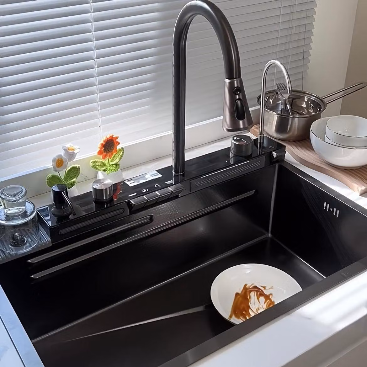 Lavello da cucina in acciaio inossidabile, da incasso, con display digitale, rivestimento nanotecnologico e design rettangolare