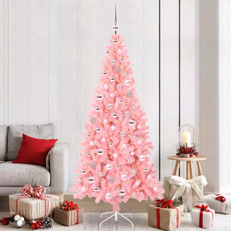 Albero di Natale moderno vidaXL rosa con luci LED bianco caldo in PVC, Altezza: 210 cm