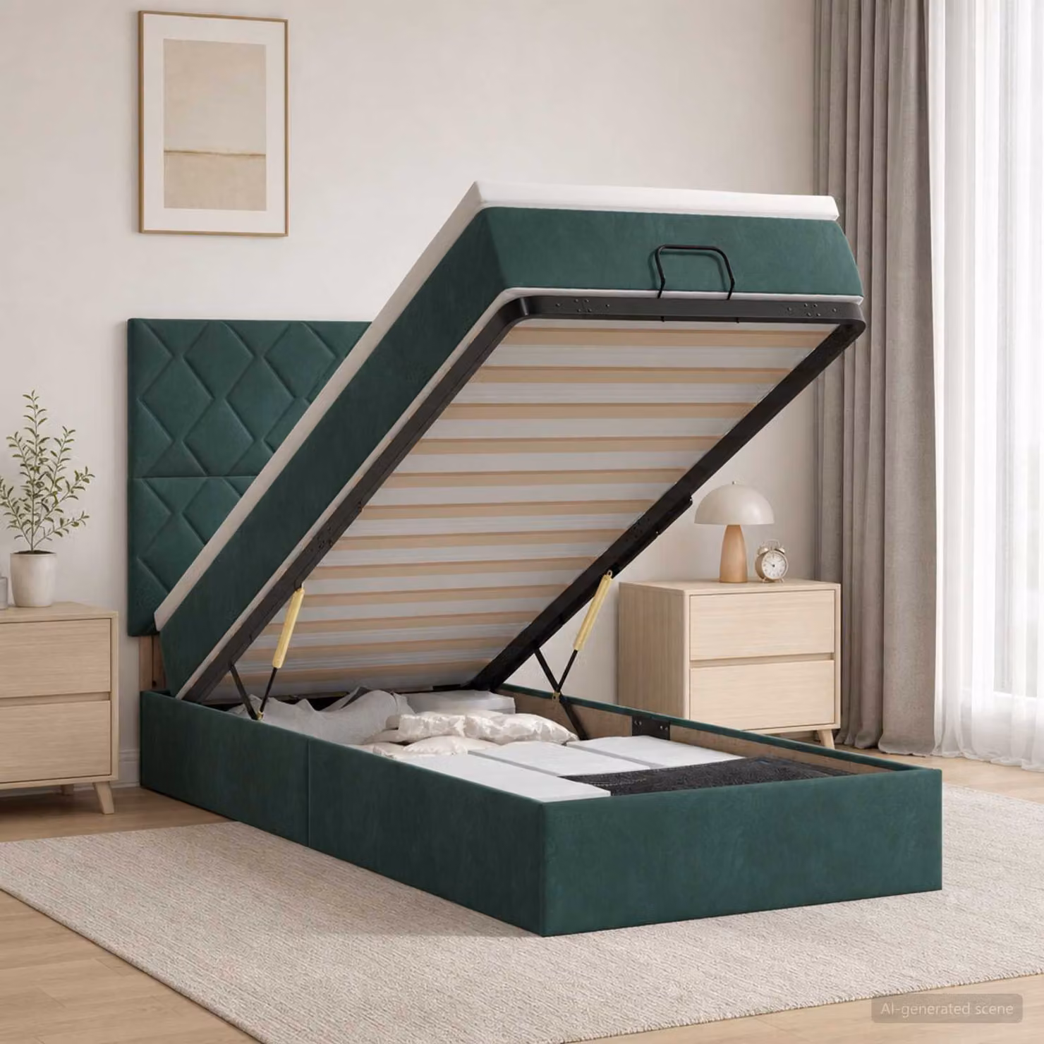 Letto ottomano con materasso vidaXL in velluto verde scuro, L/P/H: 90 x 200 x 128 cm