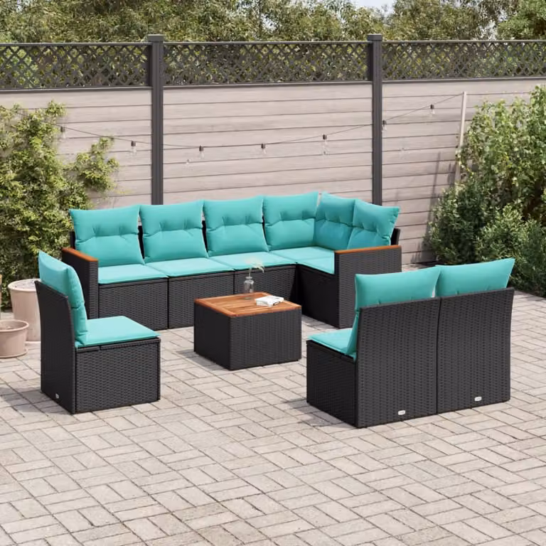 Set Divani da Giardino vidaXL 9 pz a Forma a L con Tavolino, Polyrattan e Cuscini Blu e Nero