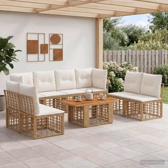 Set Divano da Giardino 9 pz Naturale e Bianco Crema polyrattan 3437850