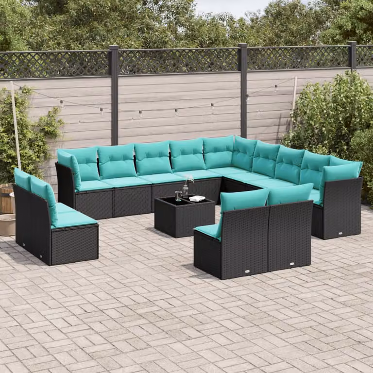 Set di divani da giardino vidaXL in polyrattan nero con cuscini blu e tavolino da esterno a forma di U