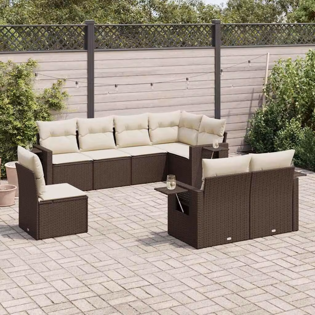 vidaXL Set Divani da Giardino a L 8 pz in Polyrattan Marrone e Bianco con Cuscini e Tavolino – 1
