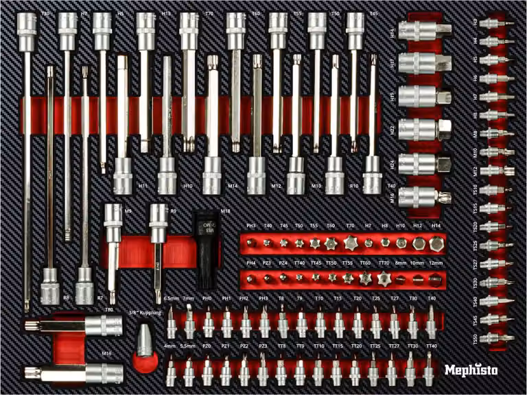 Set di chiavi a bussola e punte Mephisto con rivestimento morbido effetto carbonio