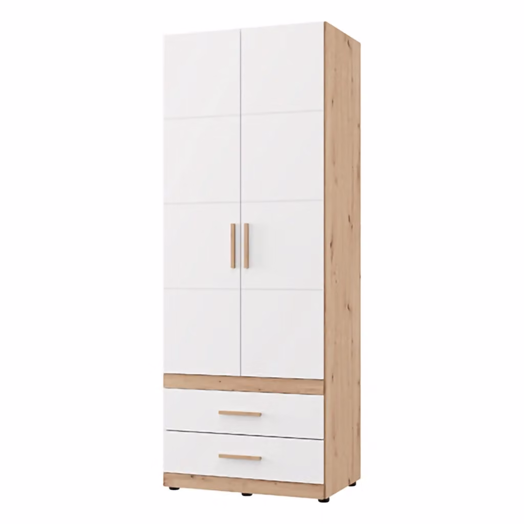 Armadio da camera da letto DMORA Tilcara con 2 ante, appendiabiti e cassetti, Bianco Opaco e Rovere, L: 79 cm, H: 208 cm – 2