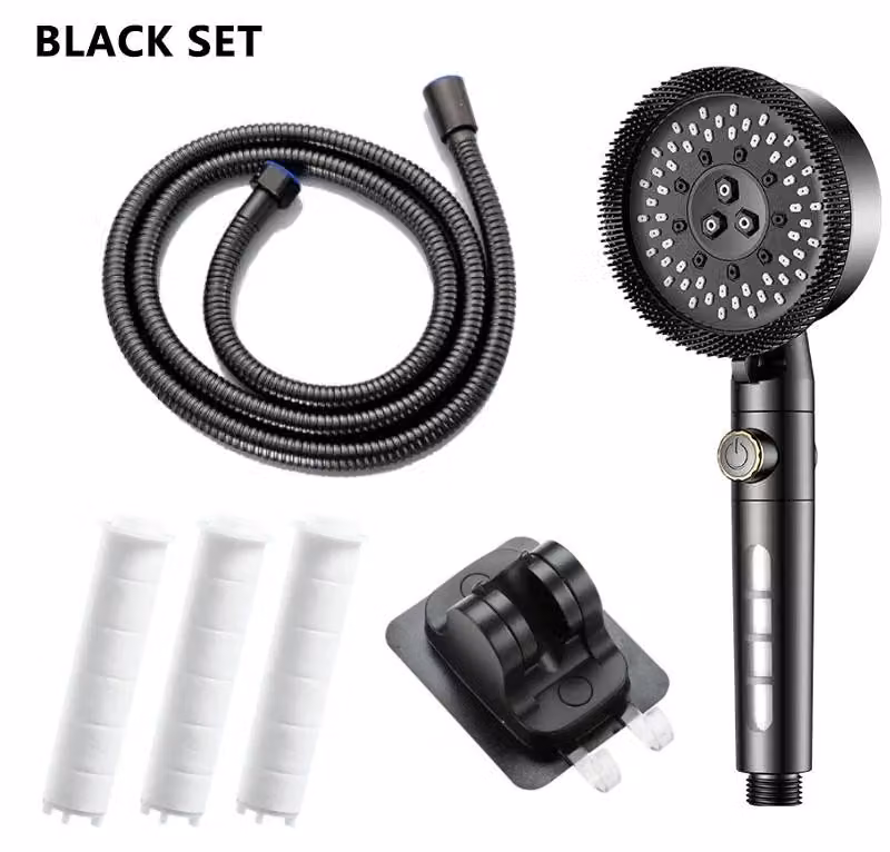 Set doccia ad alta pressione - Doccetta manuale - 5 modalità di erogazione - Risparmio idrico - Tubo flessibile da 1,5 metri - Supporto a parete regolabile - Colore: nero