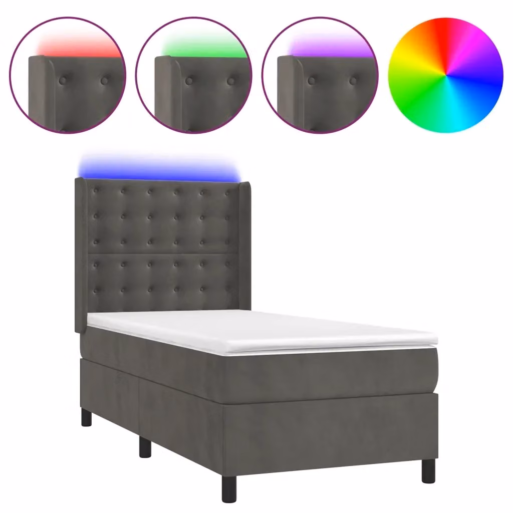 Letto con Materasso Ibrido vidaXL in Velluto Grigio con Illuminazione LED e Porte USB L/P/H: 90 x 190 cm – 2