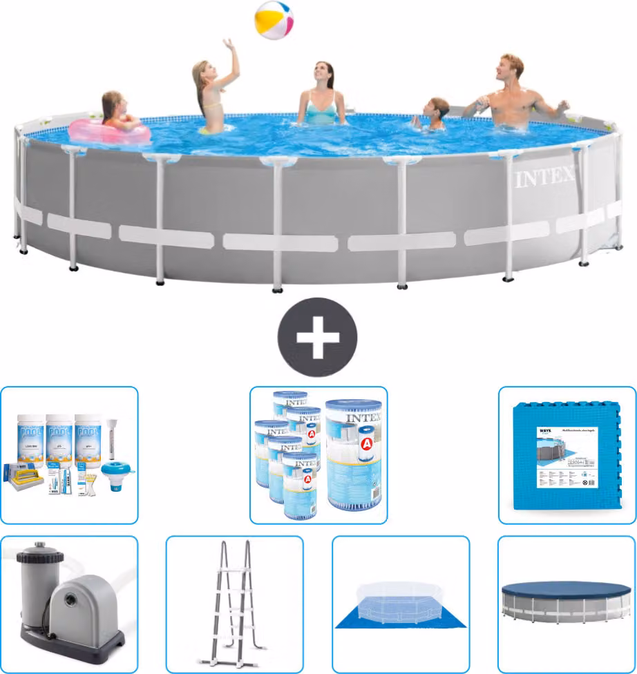 Piscina Intex Round Prism Frame - 548 x 122 cm - grigio - inclusa pompa - scaletta - telo di fondo - pacchetto di manutenzione della copertura - filtro - pavimento in piastrelle