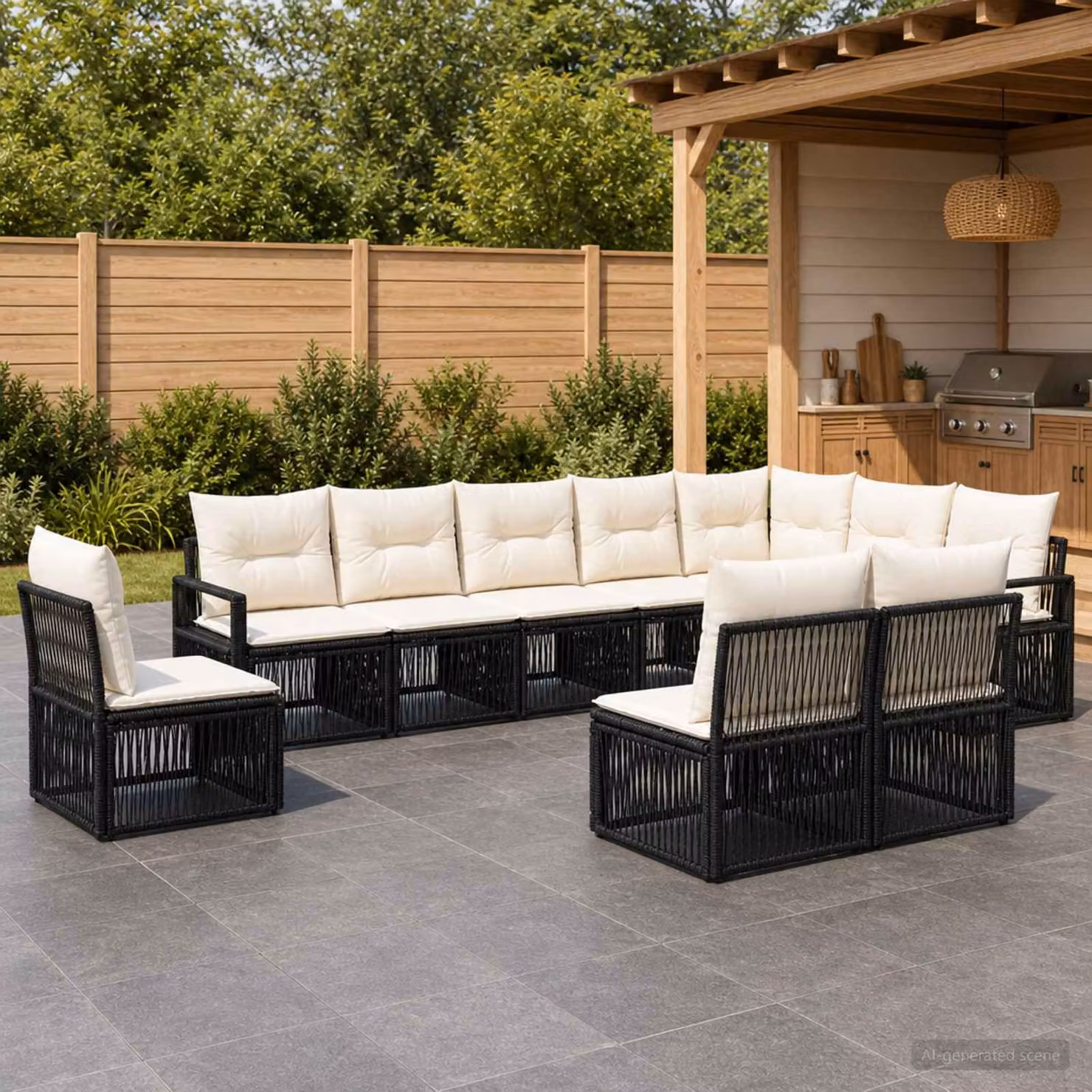 Set Divano da Giardino vidaXL 10 Pezzi a Forma di U in Polyrattan Nero con Cuscini Imbottiti e Rivestimenti Rimovibili