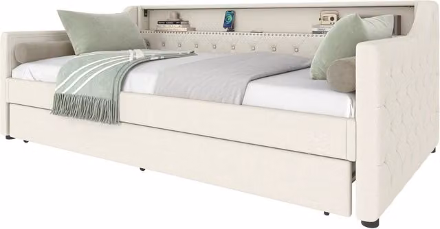 Letto a Divanetto con Letto Estrattibile, Illuminazione LED, Porta USB e Mensola, Rivestimento in Lino Beige, L/P: 90 x 200 cm