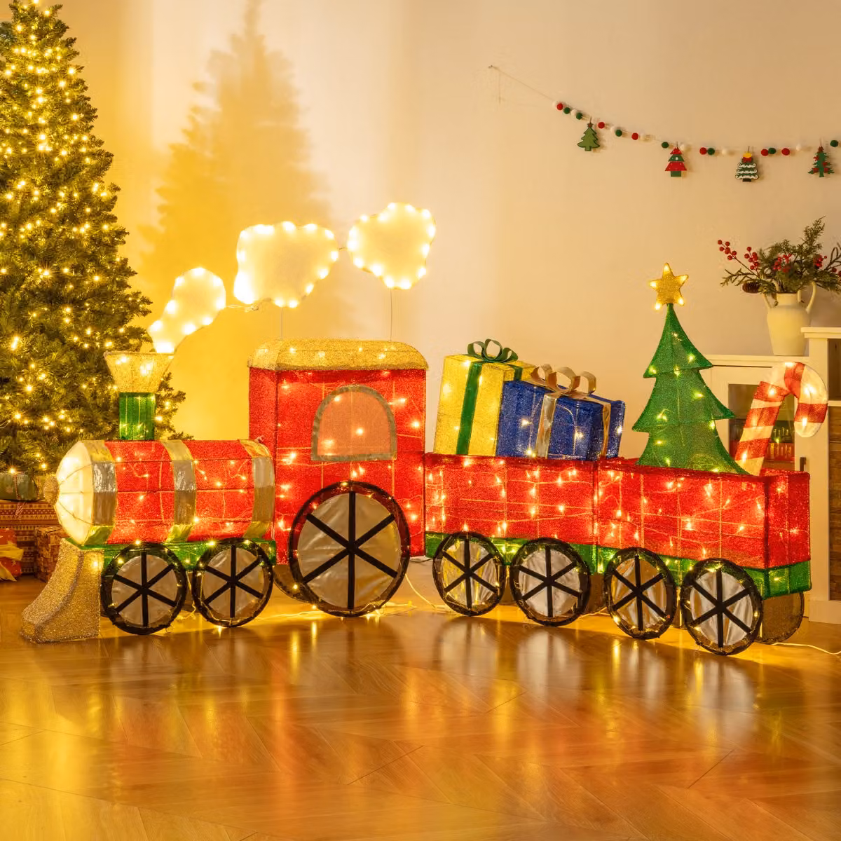Costway Treno di natale con fumo realistico e bastoncino di zucchero luci LED, Treno luminoso per interni ed esterni per giardino