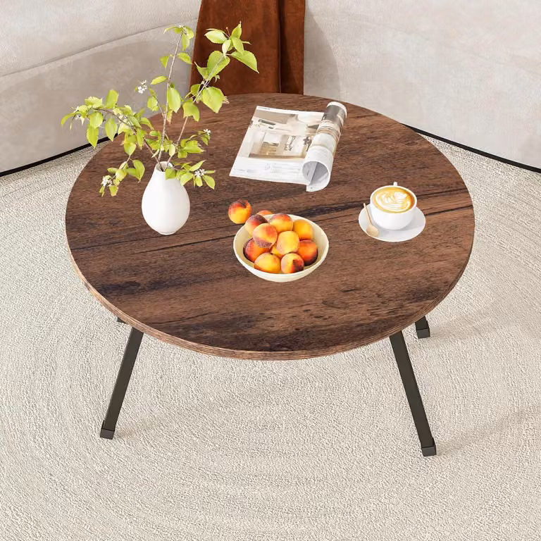 Tavolino da divano rotondo, pieghevole, in legno, color marrone vintage, dimensioni 72x43 cm