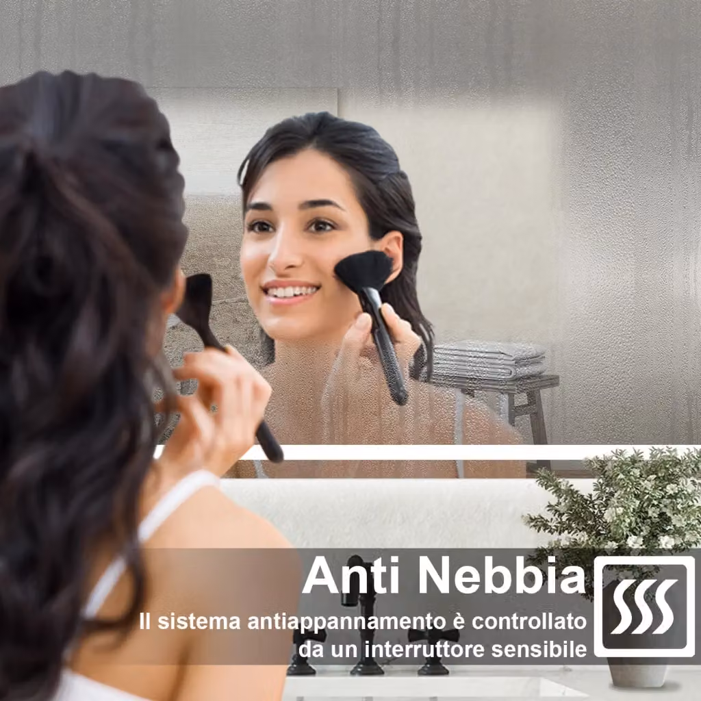 Specchio da bagno rettangolare Aica Italy con retroilluminazione LED dimmerabile e funzione antiappannamento, colore bianco, L: 80 cm, H: 60 cm – 2