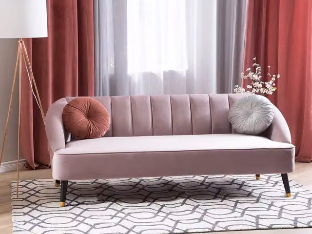 Divano Beliani a 3 posti in velluto rosa con gambe in legno e cuscini inclusi L: 191 cm, P: 73 cm, H: 73 cm