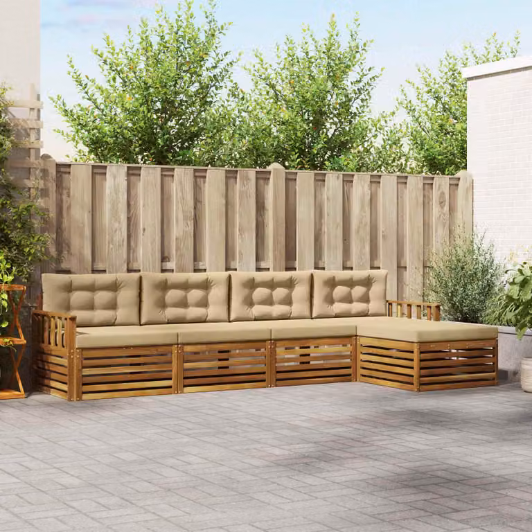 Set di divani da esterno vidaXL a forma di L in legno di acacia con pouf e cuscini, Beige e Marrone