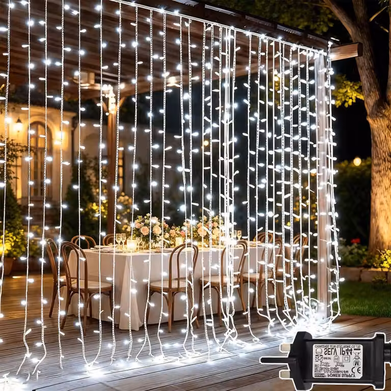 300 luci a LED, catena luminosa a tenda, dimensioni 3x3 metri, 8 modalità, luce bianca fredda, impermeabile