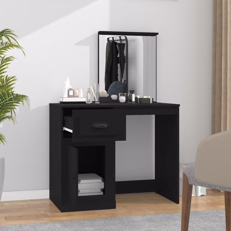 The Living Store Comodino con specchio nero 90x50x132,5 cm Materiale in legno