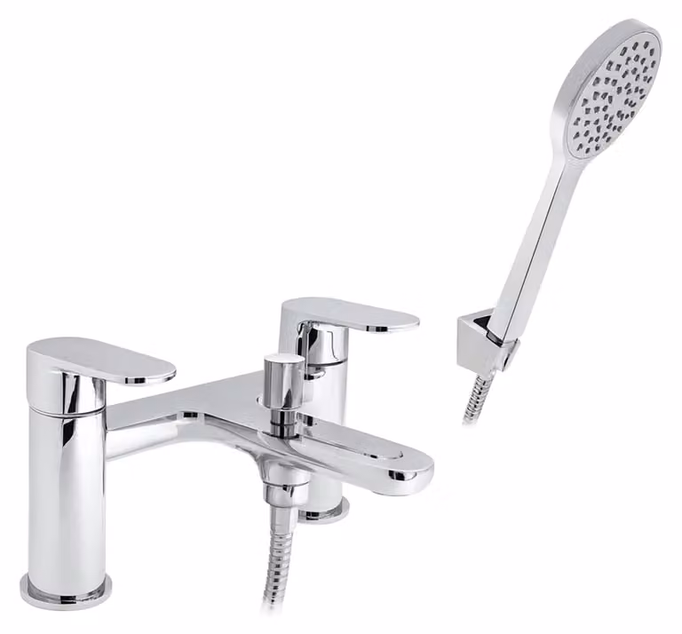 Miscelatore per lavabo e doccia cromato, a due manopole, con set doccia