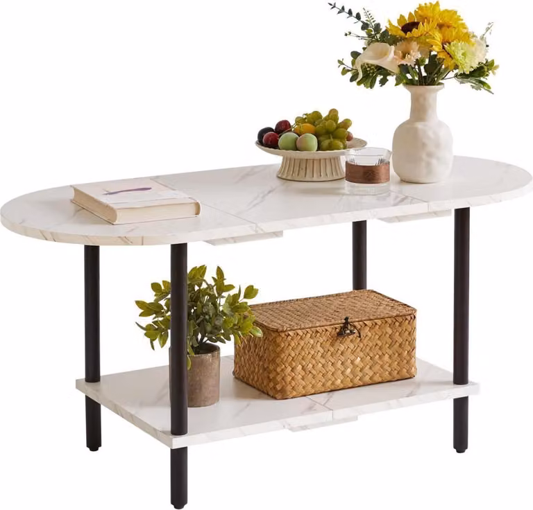 Tavolo da soggiorno con contenitore a 2 livelli, gambe in legno, stile moderno, bianco + nero