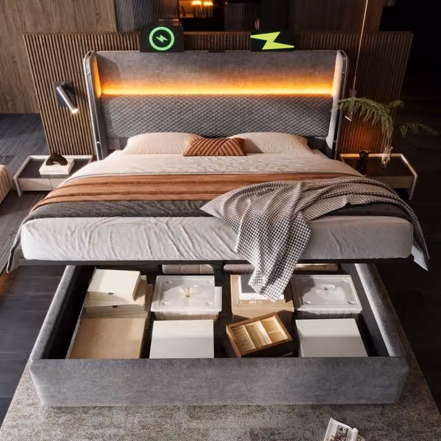 Letto contenitore 180 × 200 cm con testiera alta LED USB e Type-C rivestito in lino grigio con materasso incluso