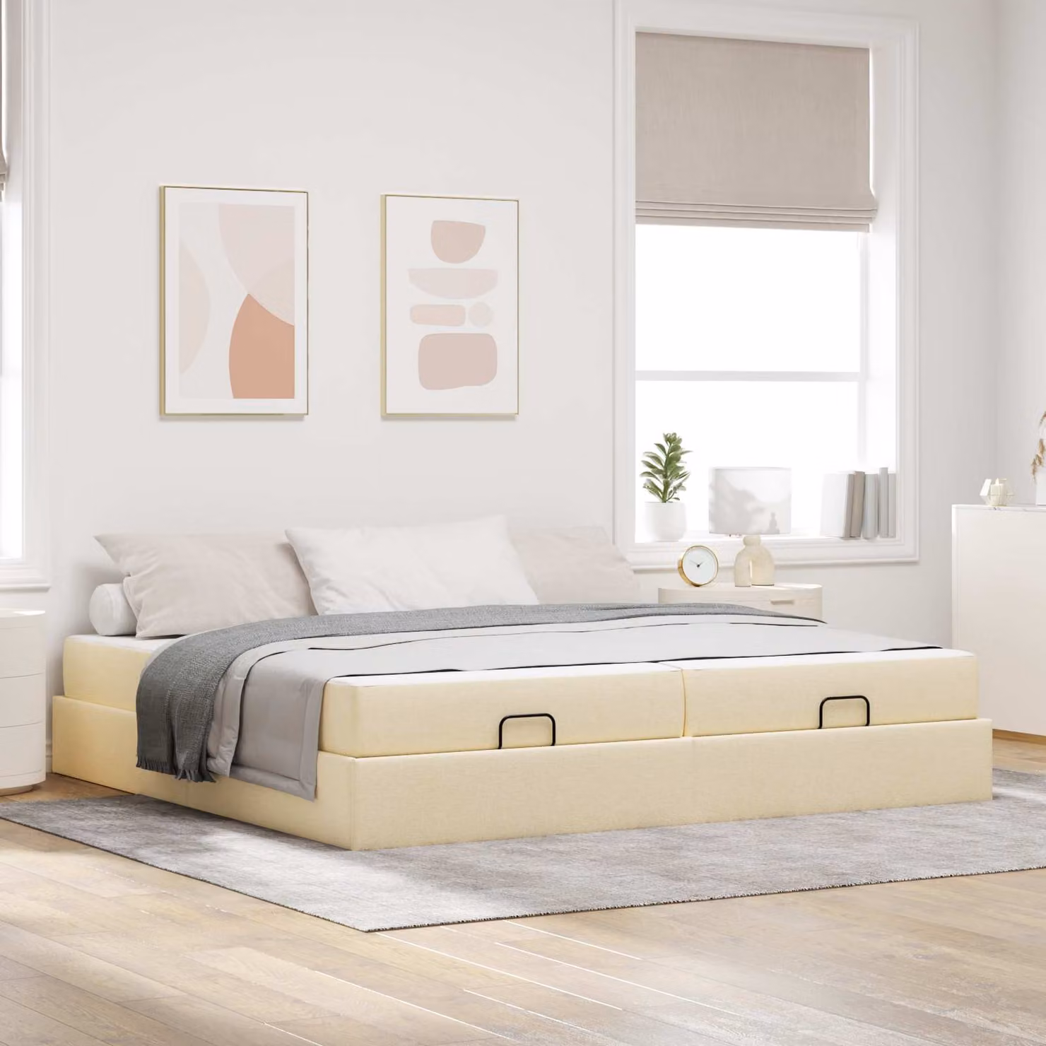 Set letto vidaXL con materasso in 2 pezzi, struttura imbottita in tessuto beige e legno, L/P: 200 x 200 cm