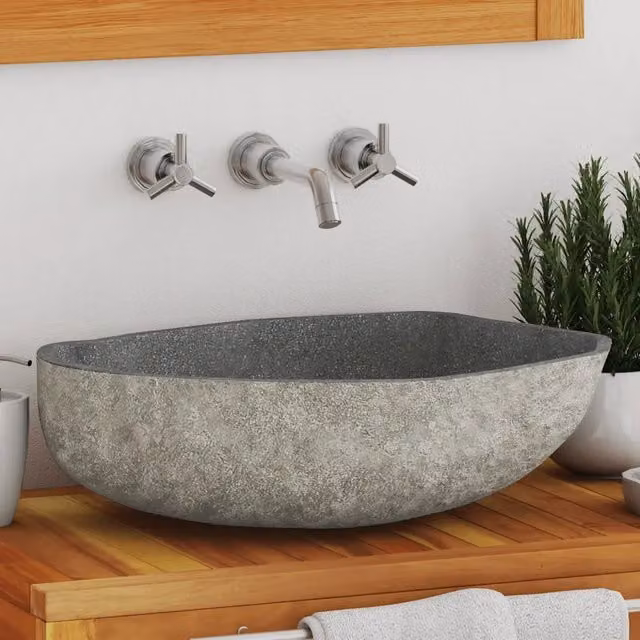 Lavandino ovale in pietra di fiume grigio vidaXL L: 45-53 cm, P: 34-41 cm