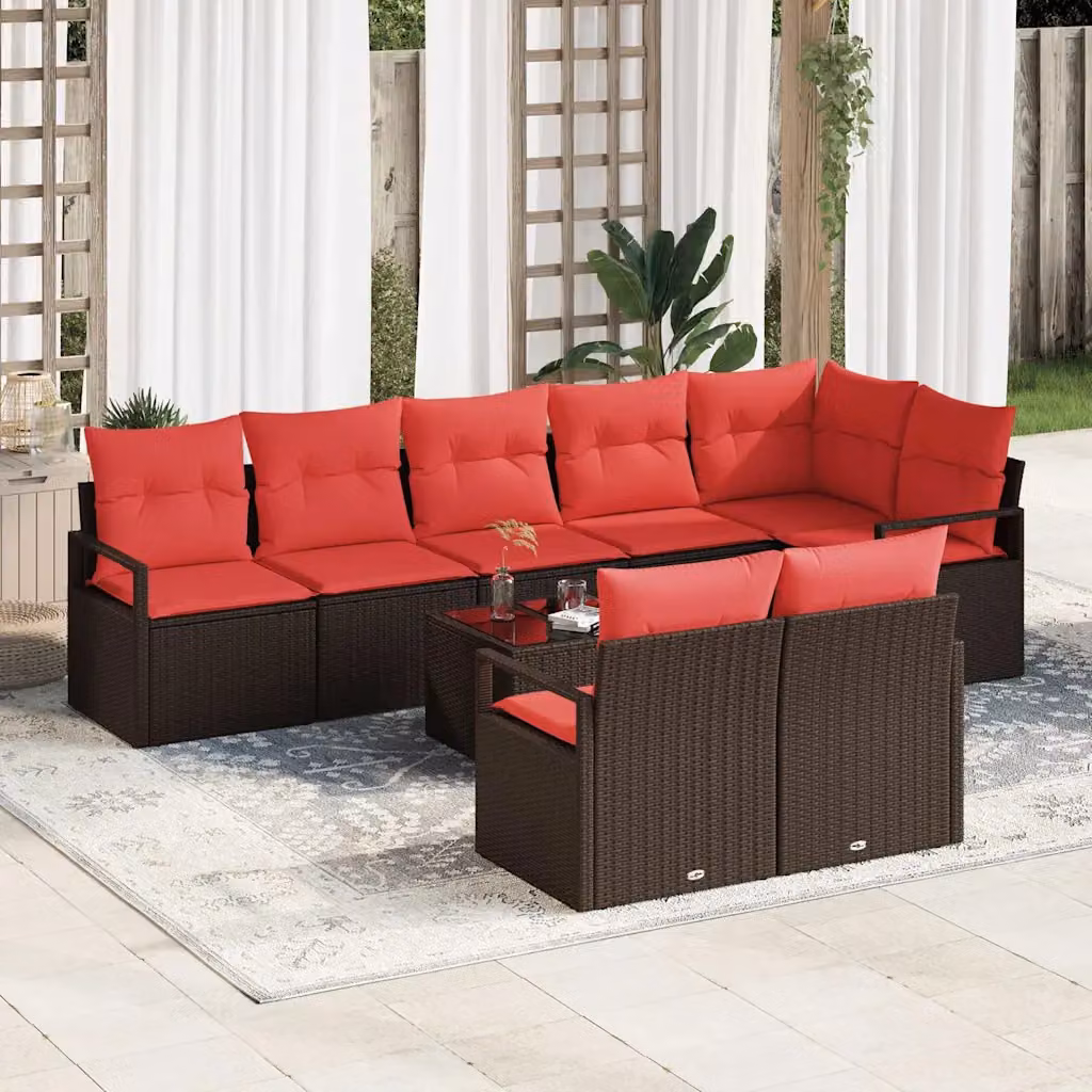 Set Divano da Giardino vidaXL 9 Pezzi Moderno a Forma di L con Cuscini Marrone e Rosso