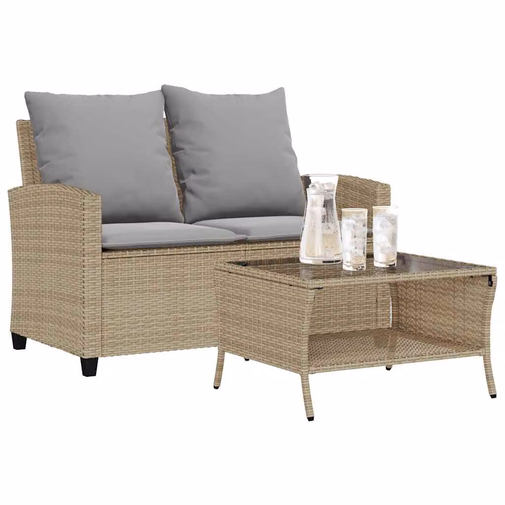 Set da giardino vidaXL composto da divano 2 posti con cuscini e tavolino in vetro e rattan, colore beige e grigio
