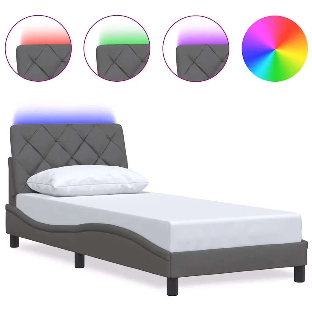 Letto con struttura imbottita vidaXL, Grigio, con illuminazione LED sottostante e porta di ricarica USB, L/P: 90 x 190 cm – 2