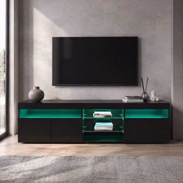 Mobile porta TV moderno in MDF; 3 ante; LED a colori variabili; nero; 180 × 35 × 48 cm
