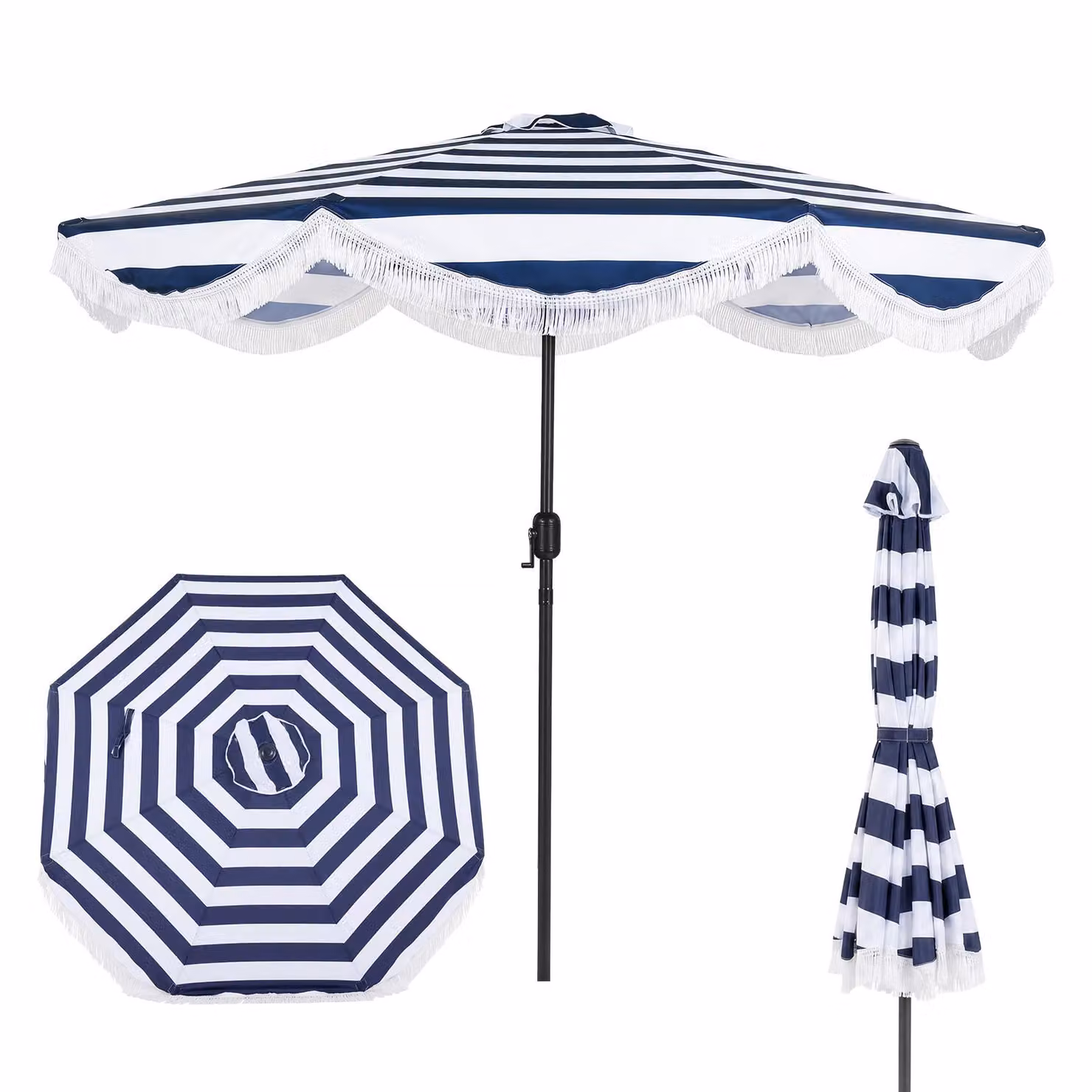 Ombrellone COSTWAY Boho, ombrellone da giardino da 270 cm con manovella e frange, ombrellone da balcone inclinabile di 30° su entrambi i lati, ombrellone da terrazza a strisce blu e bianche