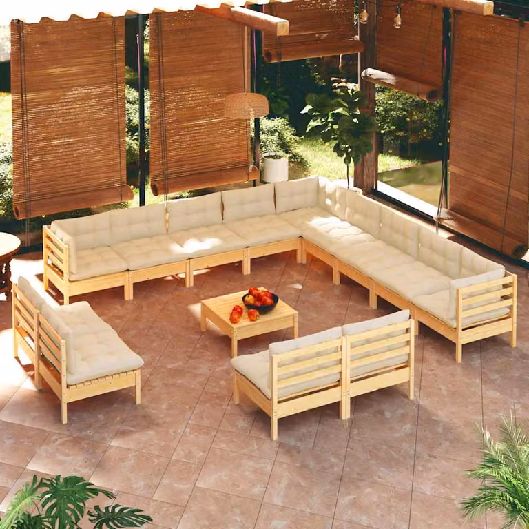 Set di divani da giardino vidaXL a forma di L composto da 14 pezzi in legno massello di pino con cuscini beige