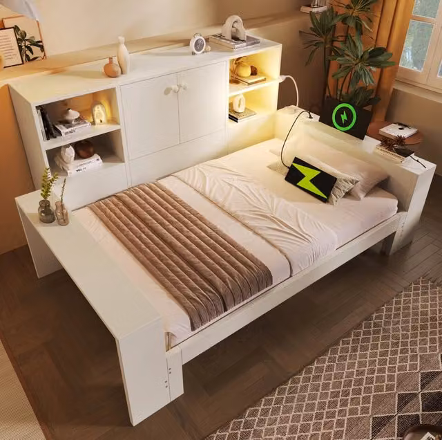 Letto a scomparsa MODFU con letto estraibile, contenitore, porte USB e luci di lettura, bianco, L/P: 90 x 200 cm